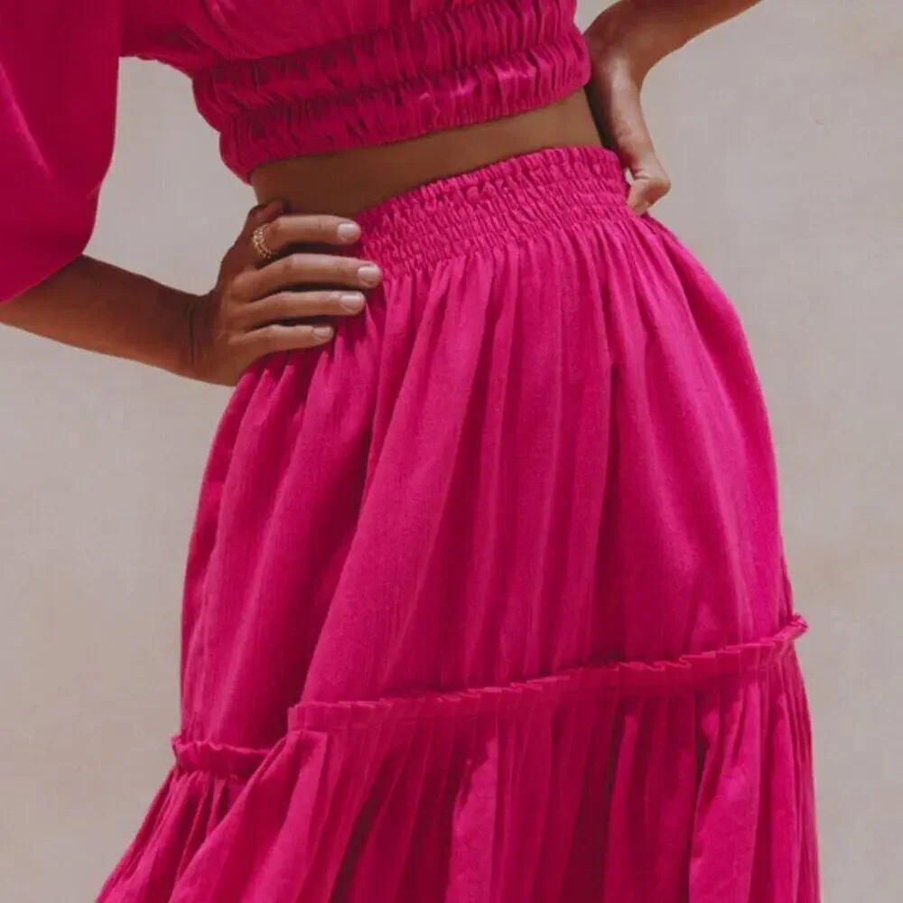 ELF Annabelle Linen Maxi Skirt Magenta Pink Elastic Waist M - Picture 8 of 10
